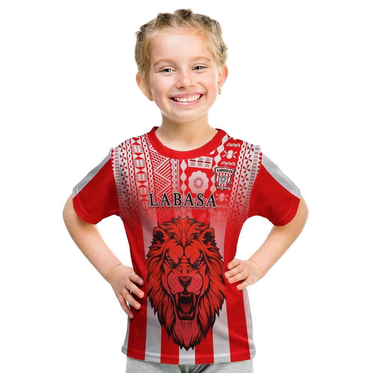 Kids red/white striped football T-shirt with roaring lion and 'LABASA' front print