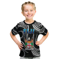 Kids black Fiji graphic T-shirt with Polynesian coconut pattern and coat of arms
