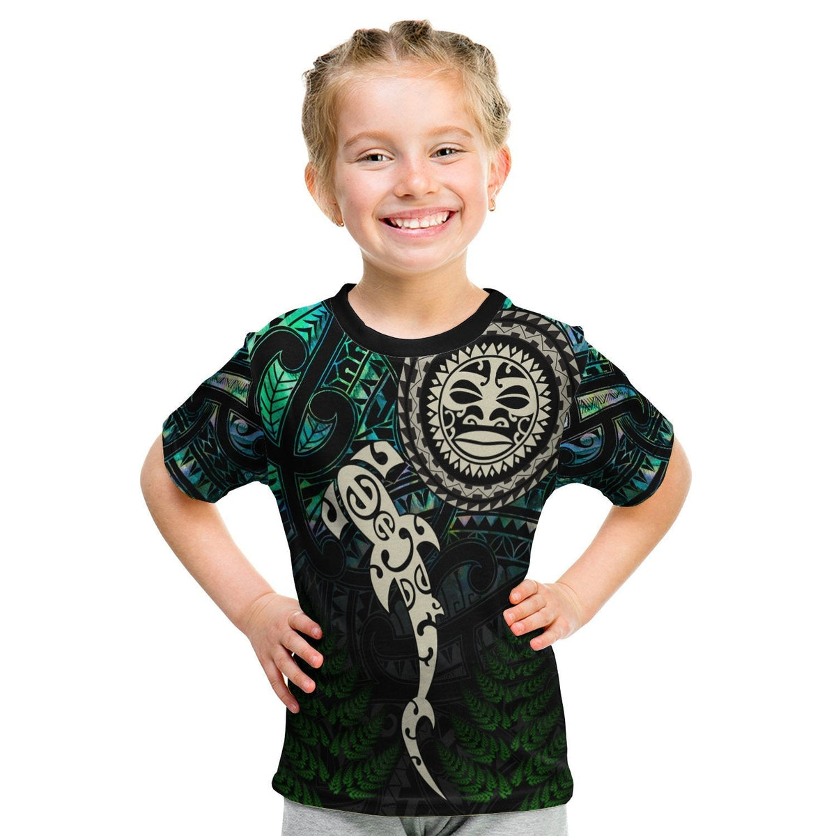 Aotearoa Paua Shell T Shirt KID Maori Manaia and Fish LT13 - Wonder Print Shop