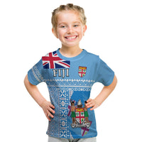 Kids blue T-shirt with Fiji and tapa pattern front graphic, short sleeves