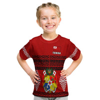 Kids red Tonga graphic T-shirt with badge, cross motifs, and patterned border