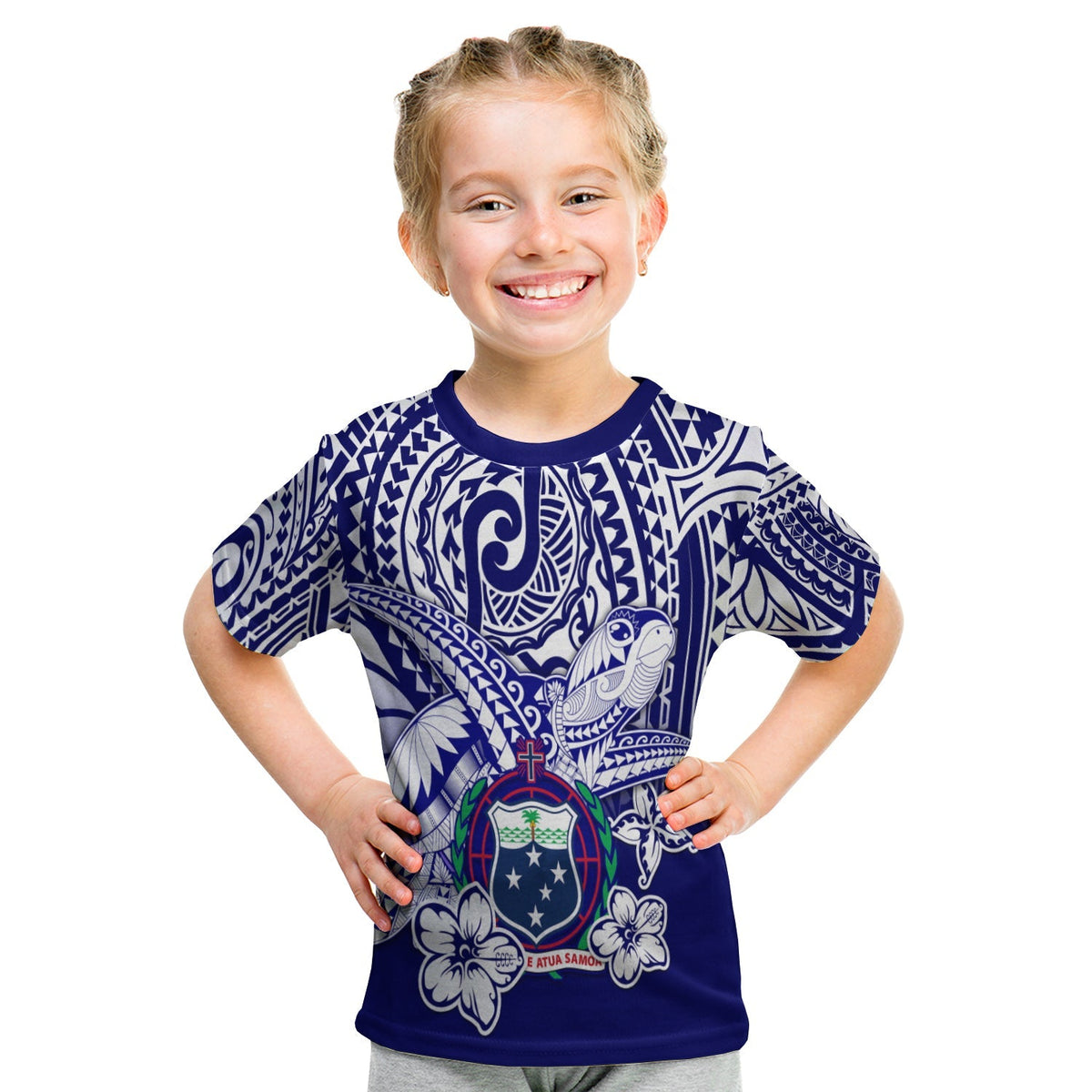 Blaues Kids T-Shirt mit Tribal-Mustern, Schildkröte und Wappenprint vorn