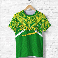 Green Polynesian T-shirt with “Utulei” graphic and tribal pattern, crew neck