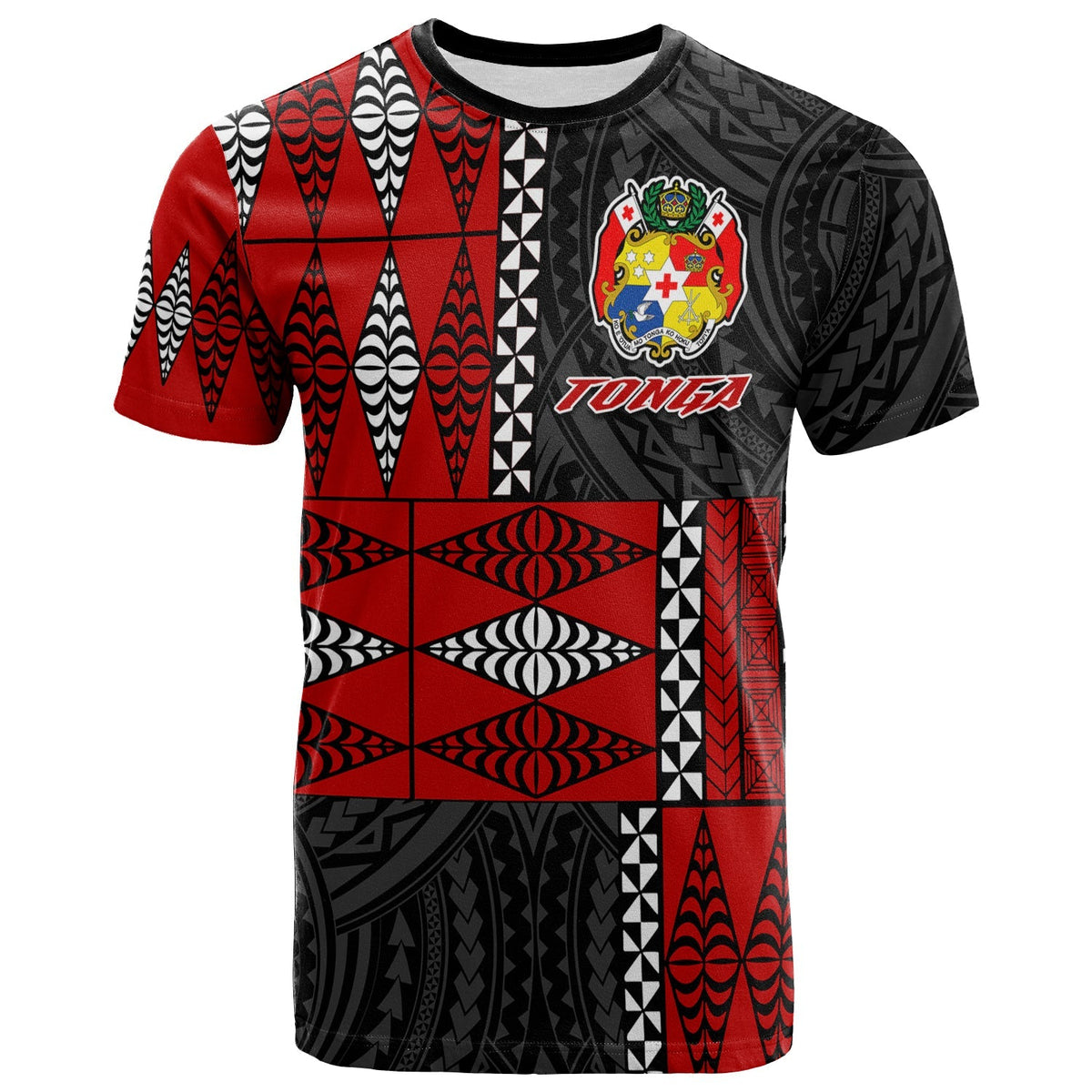 Red & black Tonga tribal T-shirt, front view with crest and geometric bands