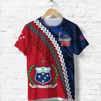 Red and blue Polynesian T-shirt with FAST logo, shield emblem and cross graphic