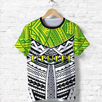 Green and black patterned graphic T-shirt with white front print and crew neck