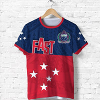 Red & navy graphic T-shirt: FAST logo, stars, and Polynesian crest