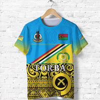 Blue Torba T-shirt with Vanuatu flags and bold gold tribal front graphic