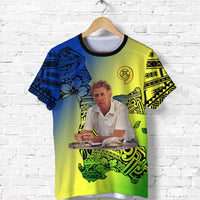 Yellow T-shirt with blue patterned sleeves and front island graphic; short-sleeve tee