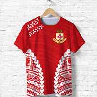 Red Tonga graphic T-shirt, white patterns and crest on chest