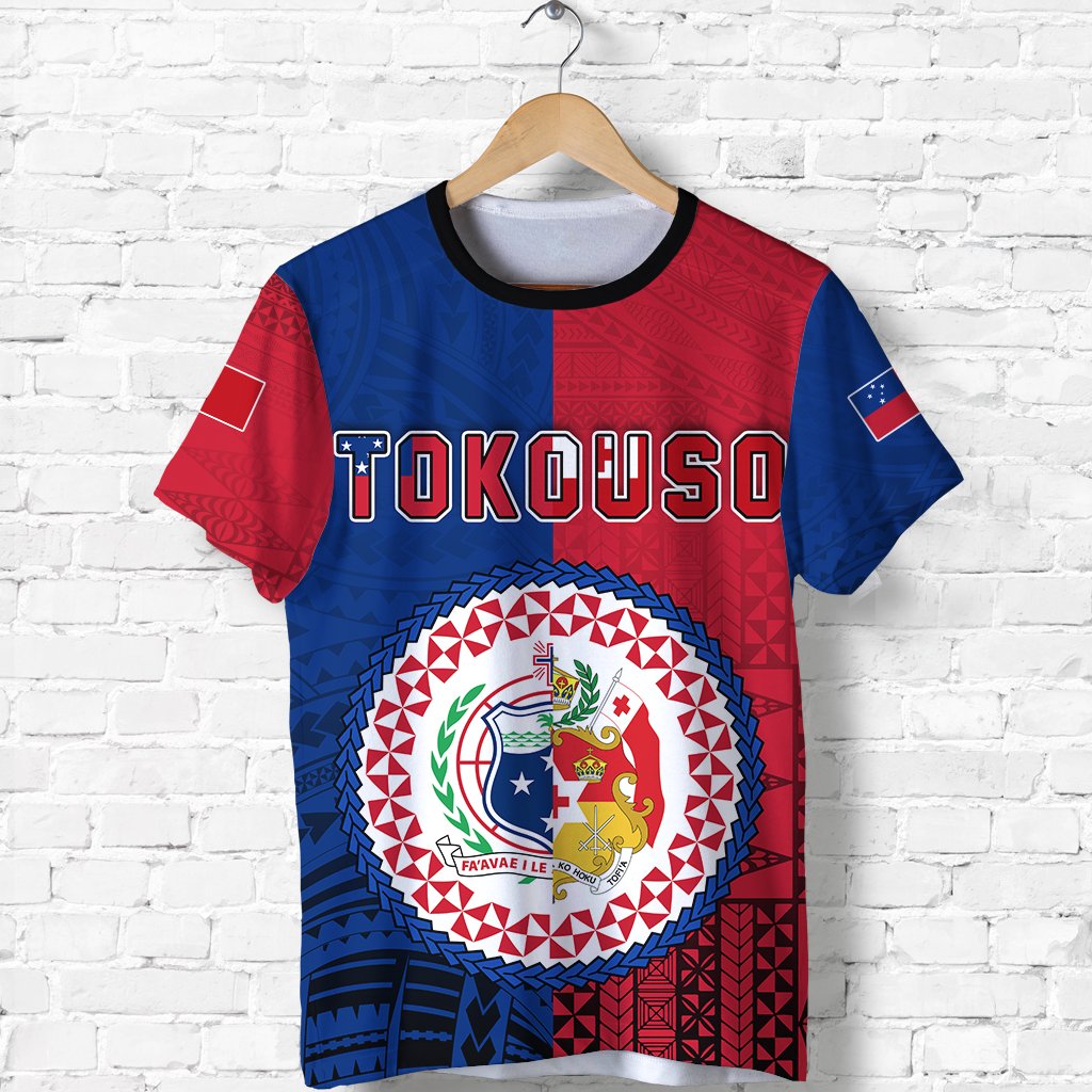 Red and blue crewneck T-shirt with large circular Tokouso crest front graphic