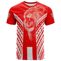 Red football T-shirt with lion graphic and tribal pattern panels, crew neck