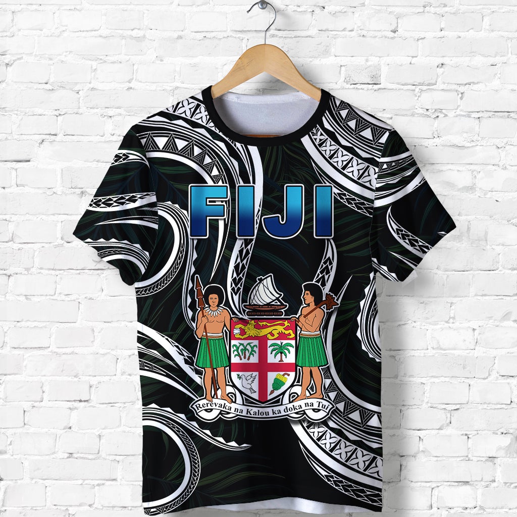 Black front Fiji T-shirt with FIJI letters, crest, and island figures