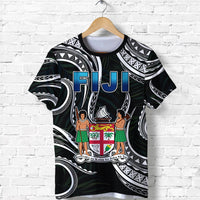 Black front Fiji T-shirt with FIJI letters, crest, and island figures