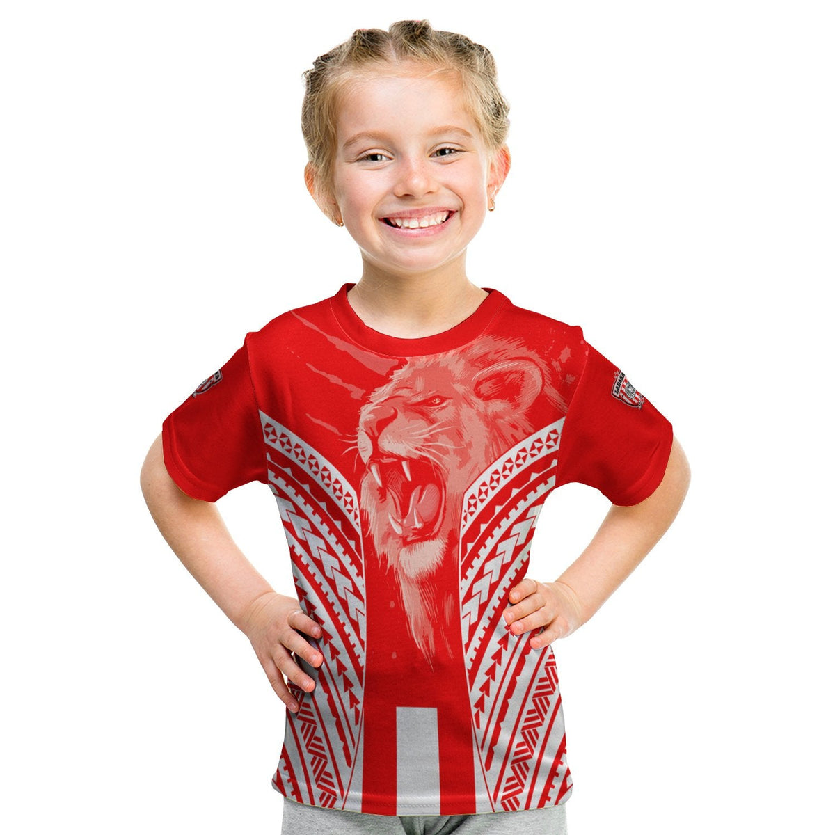 Kids red football T-shirt front on model, lion emblem and tribal side stripes