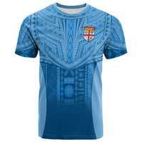 Blue Fiji Faithful T-shirt with geometric tribal print and small crest on chest