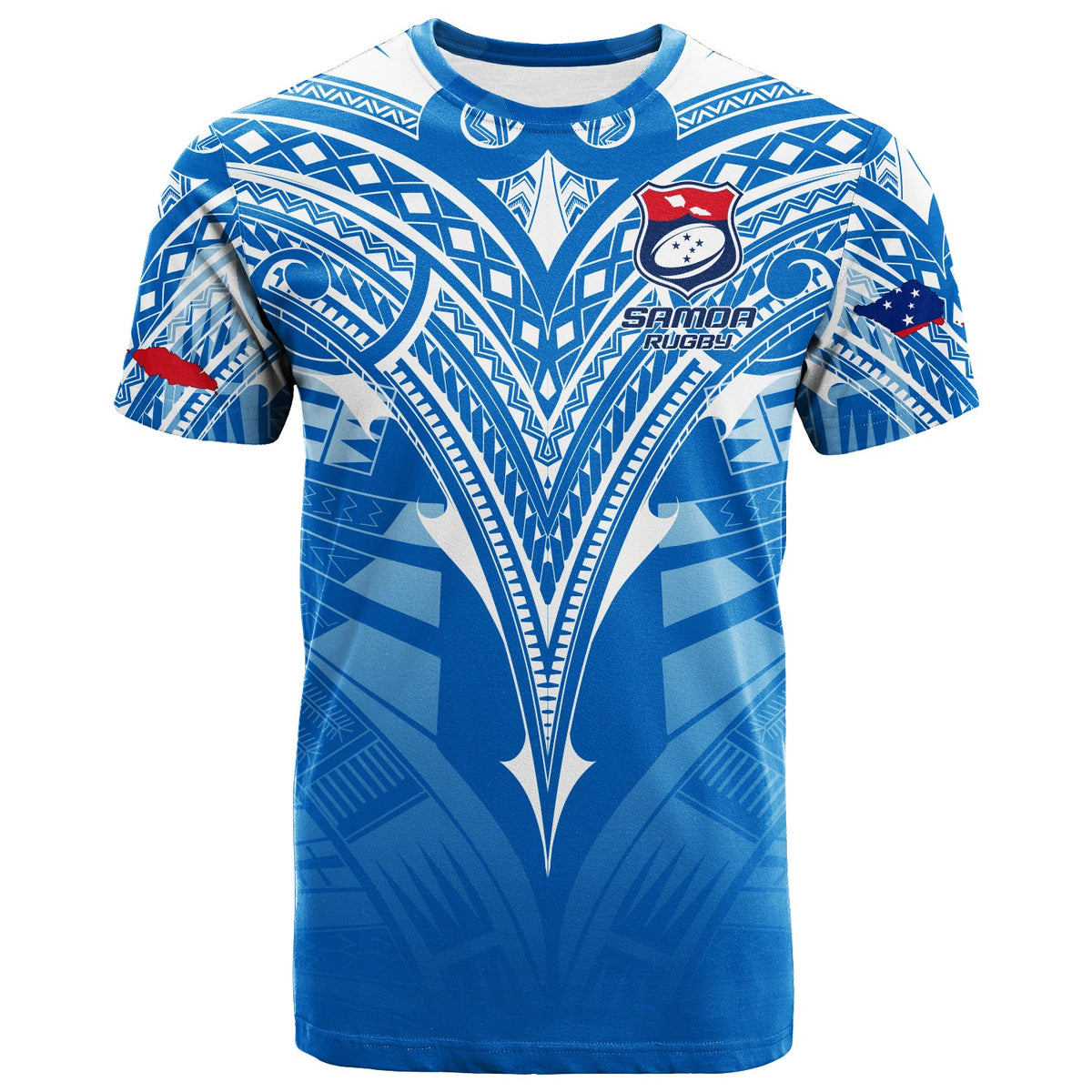 Blue rugby-style T-shirt with tribal pattern and Samoa Rugby crest on chest