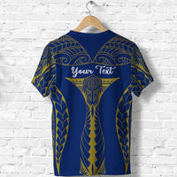 Blue T-shirt back print: Your Text over gold tribal emblem, on hanger