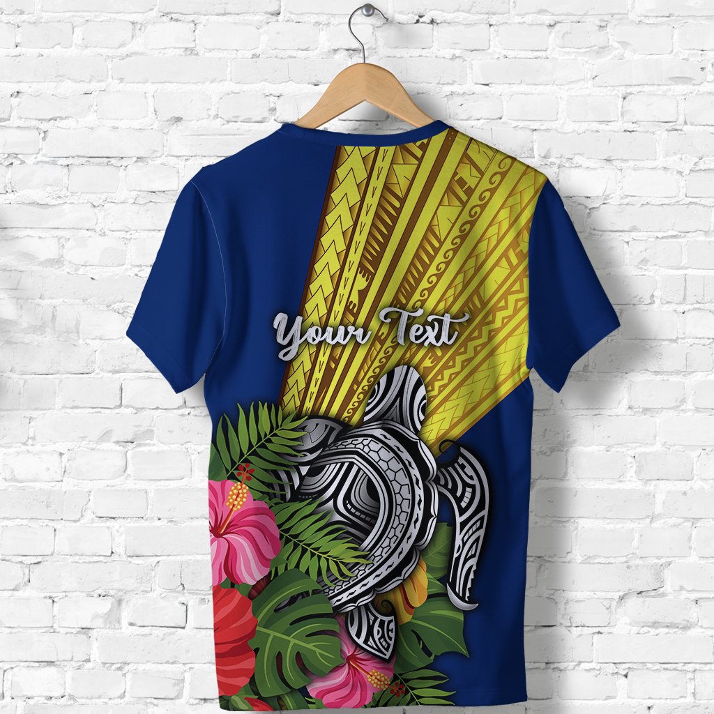 Blue Polynesian Day T-shirt, back shows 'Your Text' over tribal sun and whale