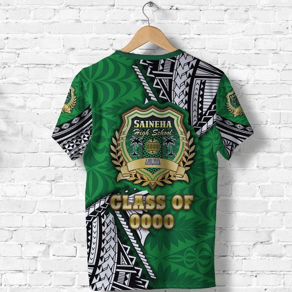 Green Polynesian T‑shirt back print, 'Class of 0000' and school crest