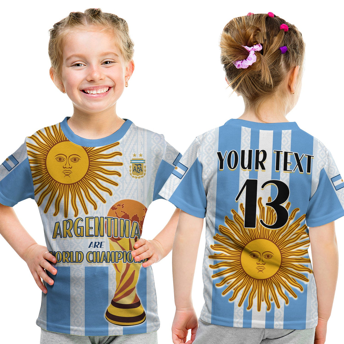 (Custom Text and Number) Argentina Football T Shirt KID World Champions 2022 Dream Come True LT13 - Wonder Print Shop