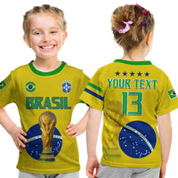 Brazil football T-shirt on child: front BRASIL with trophy, back YOUR TEXT 13