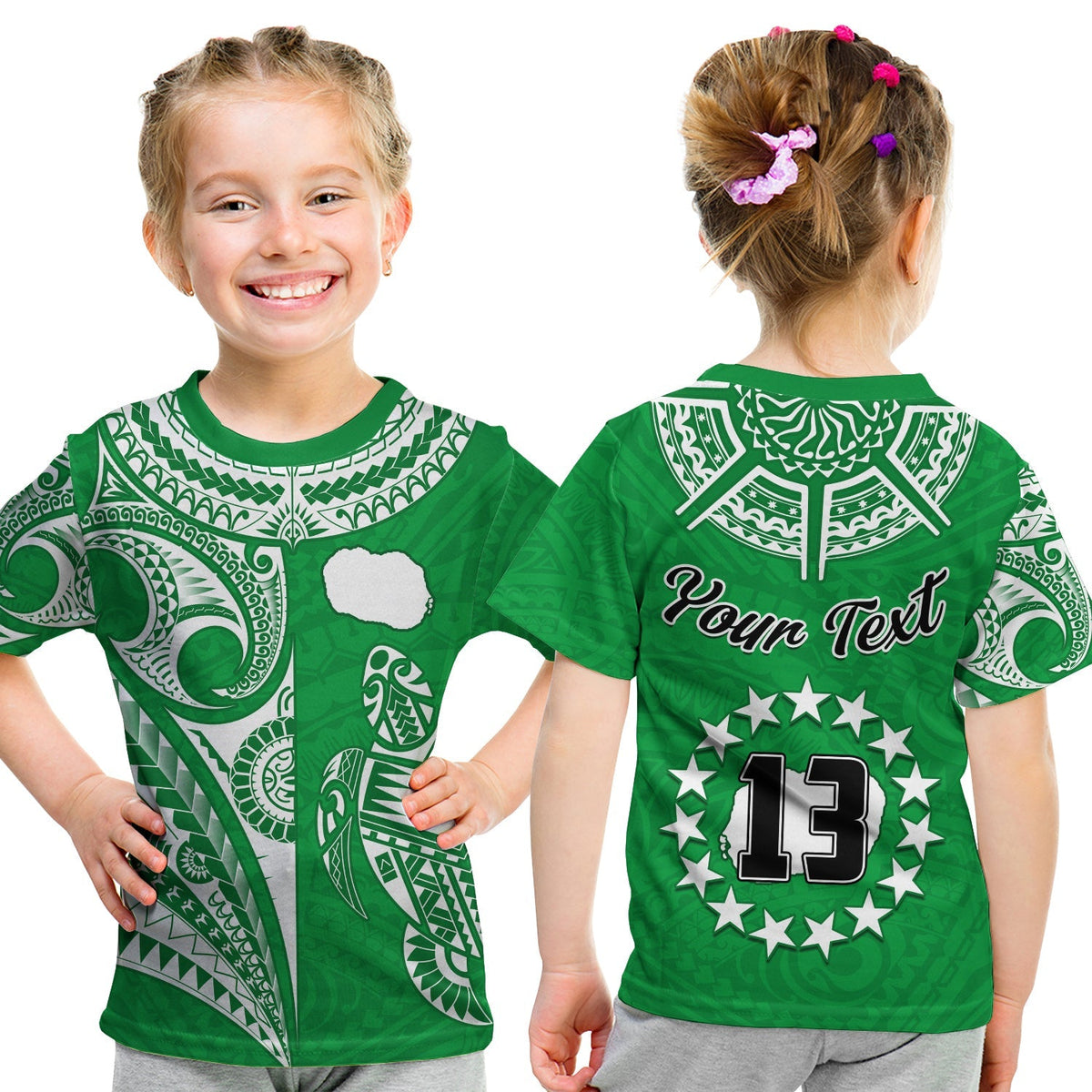 (Custom Text and Number) Rarotonga Cook Islands T Shirt KID Turtle and Map Style Green LT13 - Wonder Print Shop