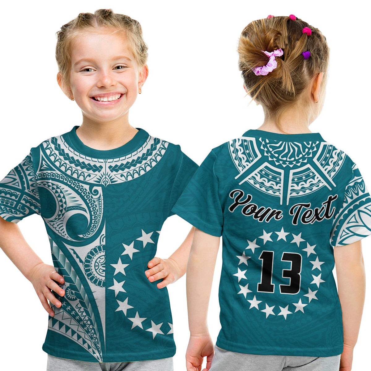 (Custom Text and Number) Cook Islands Tatau T Shirt KID Symbolize Passion Stars Version Blue LT13 - Wonder Print Shop