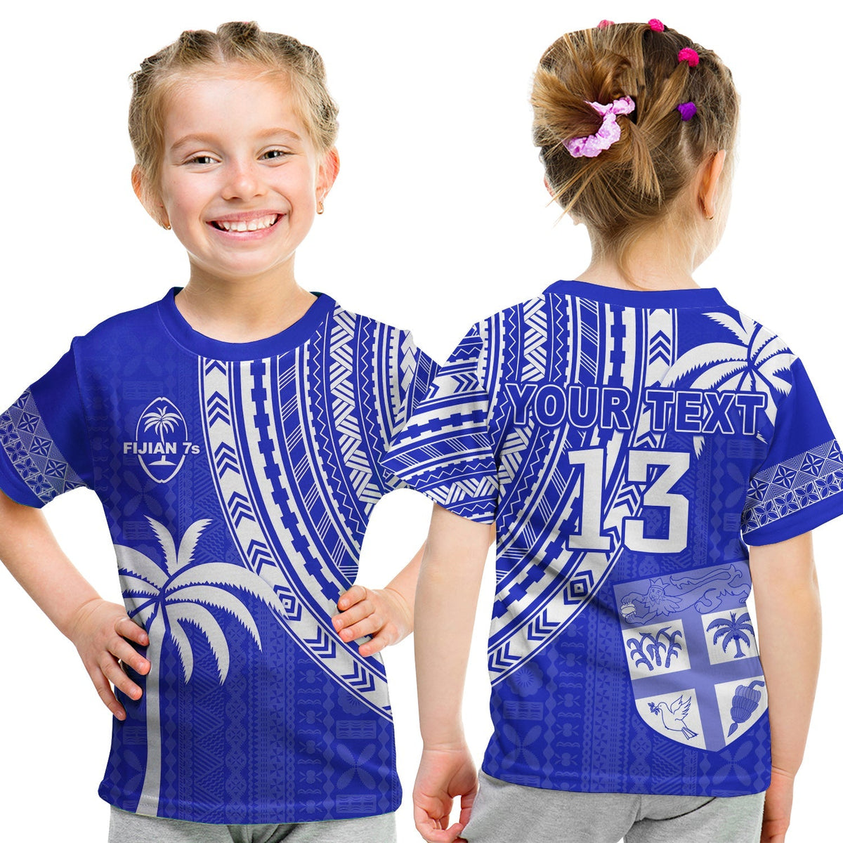 Custom Text and Number Fiji Rugby Sevens T Shirt KID Fijian 7s Tapa Polynesian Blue Ver.02 LT13 - Wonder Print Shop