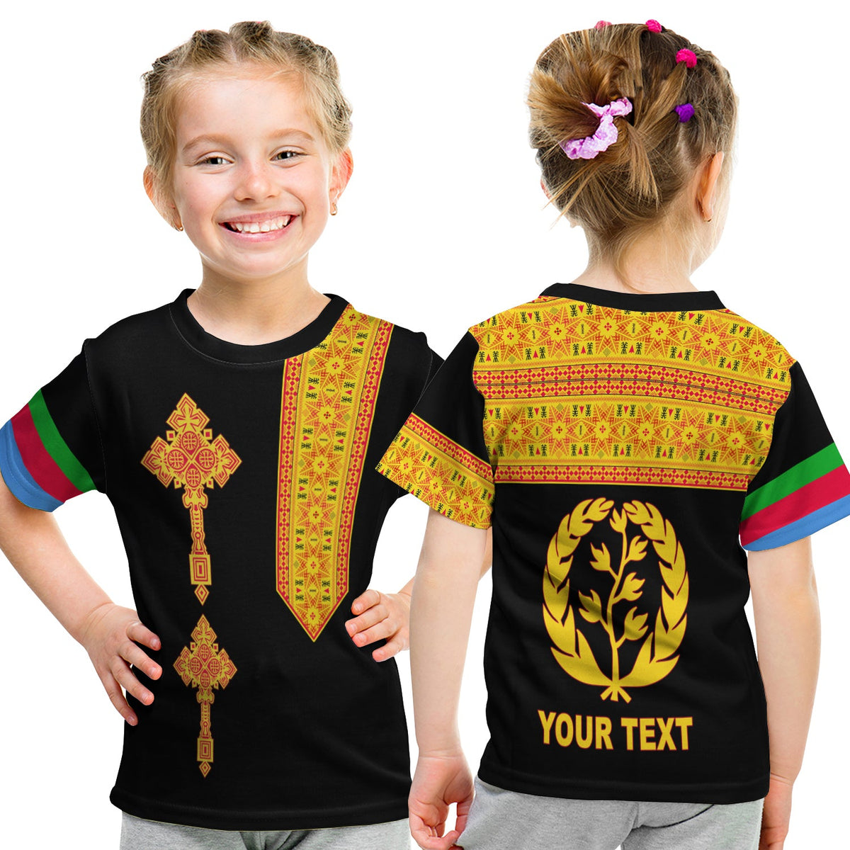 (Custom Personalised) Eritrea Tibeb T Shirt KID Eritrean Cross Mix Flag Version Black LT13 - Wonder Print Shop