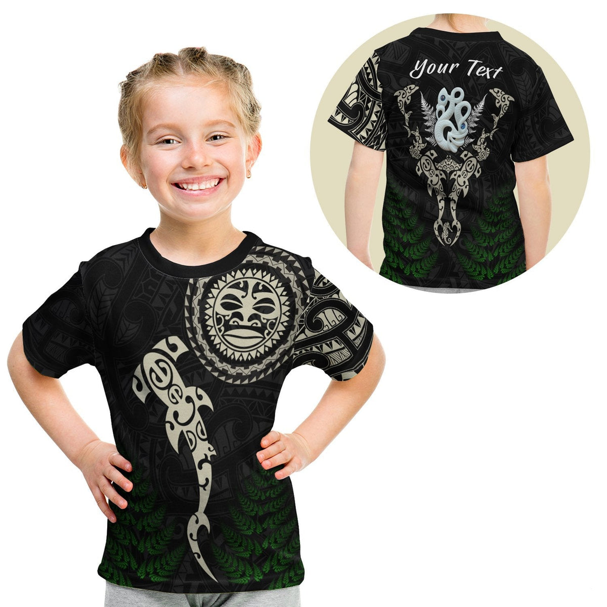Custom Aotearoa Fern T Shirt KID Maori Manaia and Fish LT13 - Wonder Print Shop