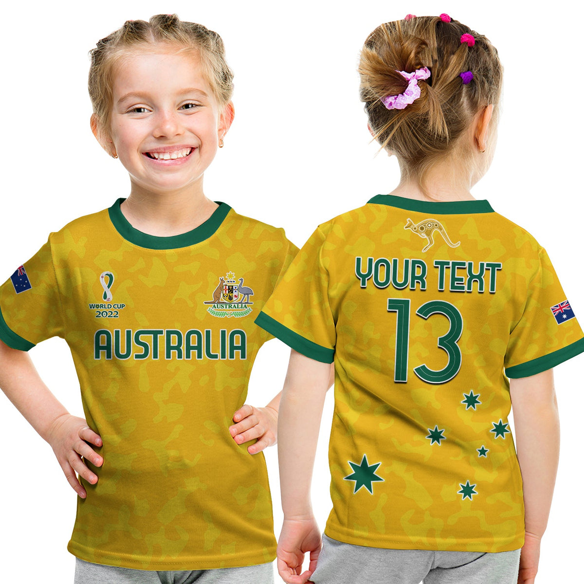 (Custom Text and Number) Australia Soccer T Shirt KID World Cup Football 2022 Socceroos with Kangaroos LT13 - Wonder Print Shop