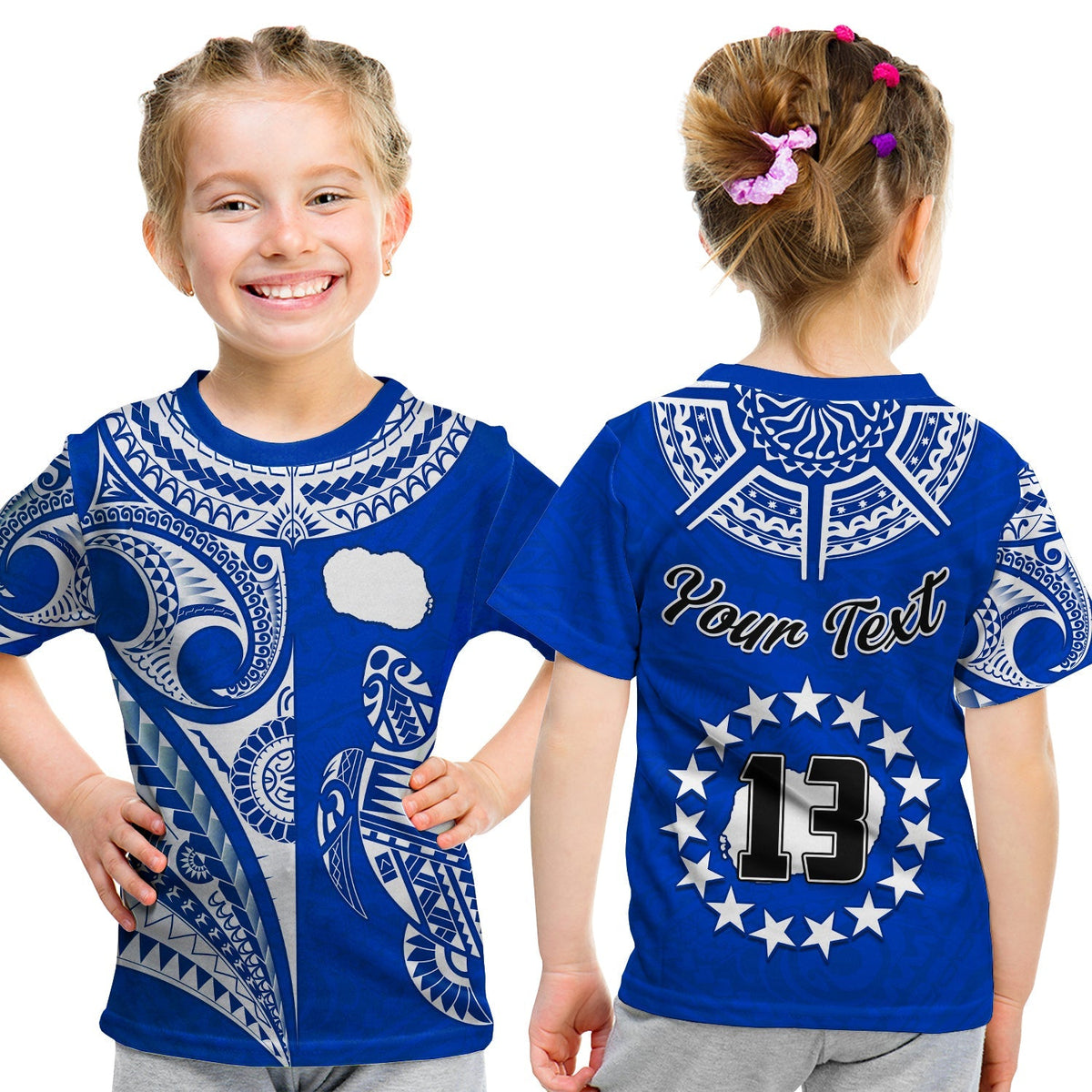 (Custom Text and Number) Rarotonga Cook Islands T Shirt KID Turtle and Map Style Blue LT13 - Wonder Print Shop