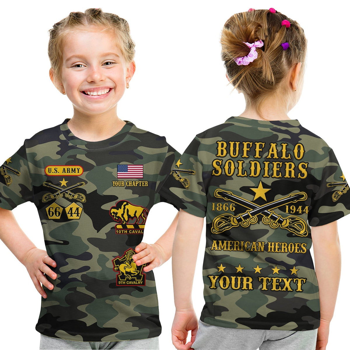 (Custom Text and Chapter) Buffalo Soldiers T Shirt KID Camouflage American Heroes BSMC LT13 - Wonder Print Shop