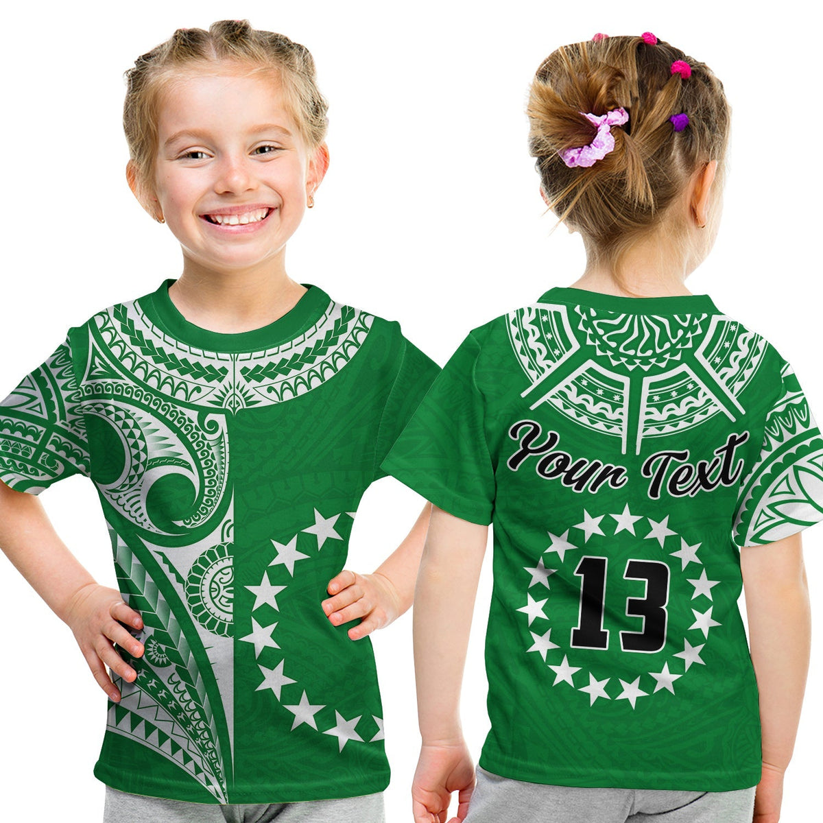 (Custom Text and Number) Cook Islands Tatau T Shirt KID Symbolize Passion Stars Version Green LT13 - Wonder Print Shop