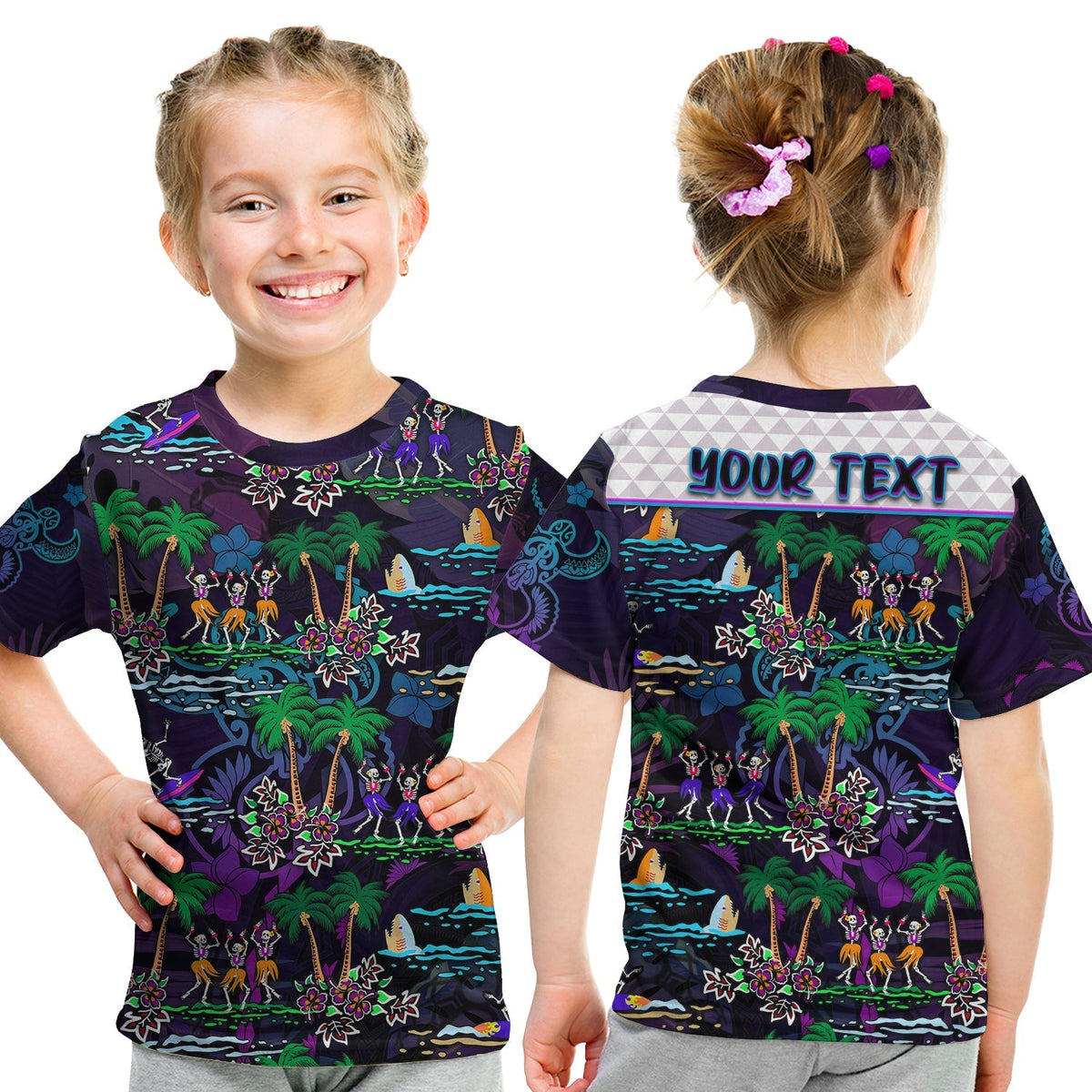 Purple Hawaiian T-shirt worn by child, front dancing skeletons and palms, crew neck