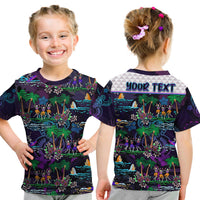 Purple Hawaiian T-shirt worn by child, front dancing skeletons and palms, crew neck