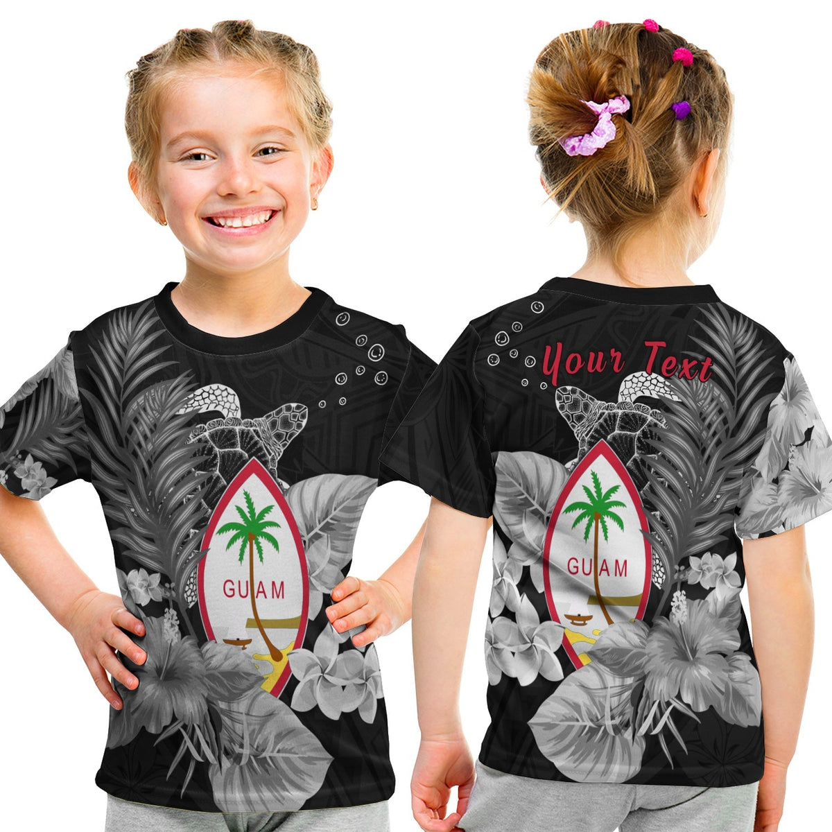 Custom Guam Seal T Shirt KID Polynesian Turtle with Flowers Version White LT13 - Wonder Print Shop