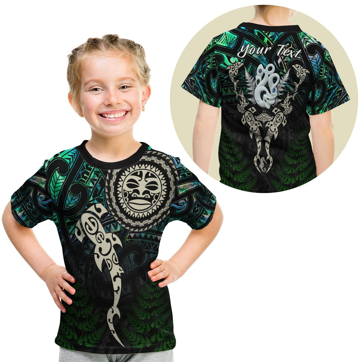 Custom Aotearoa Paua Shell T Shirt KID Maori Manaia and Fish LT13 - Wonder Print Shop