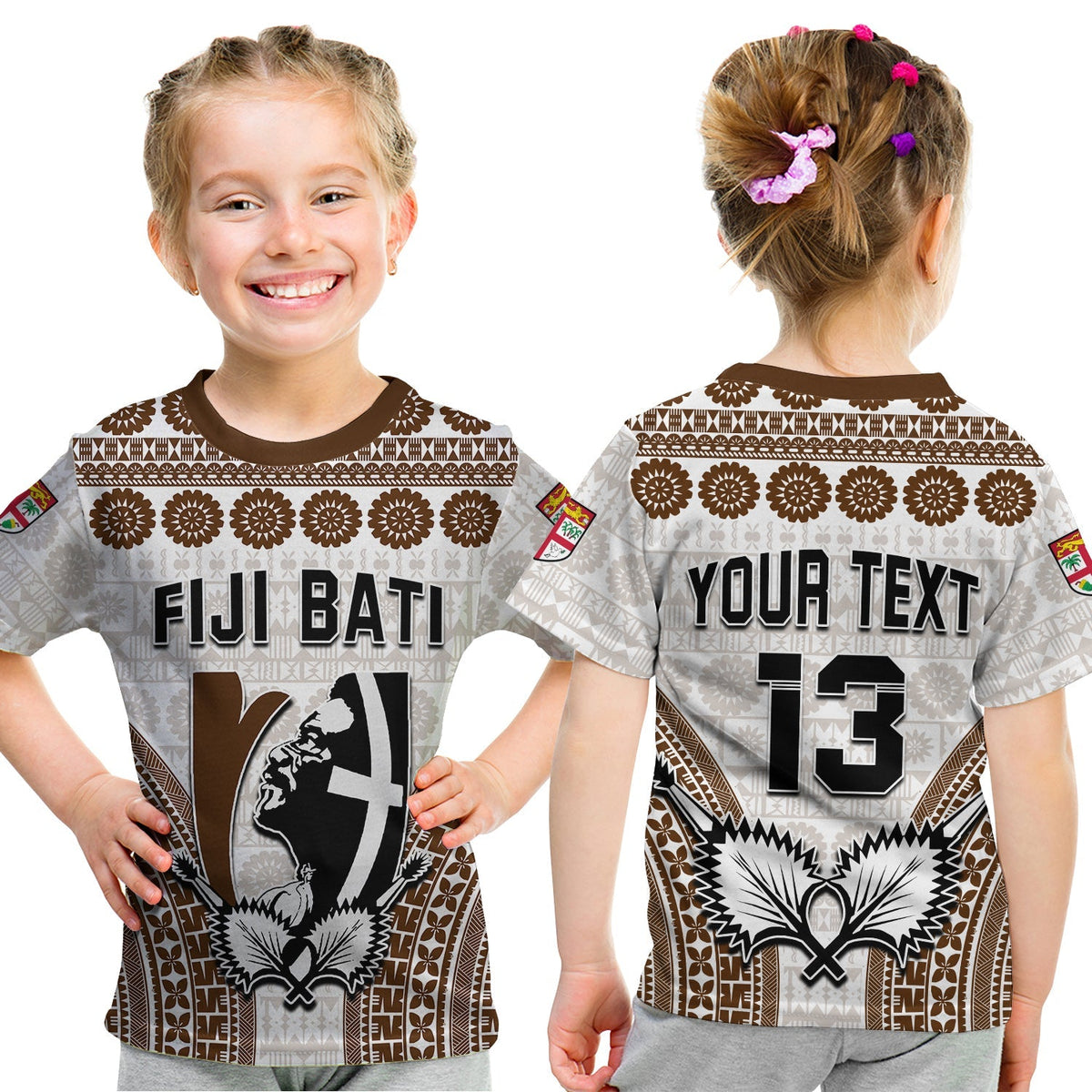 Kids rugby-style T-shirt shown front and back, with 'FIJI BATI' and 'YOUR TEXT 13' prints.