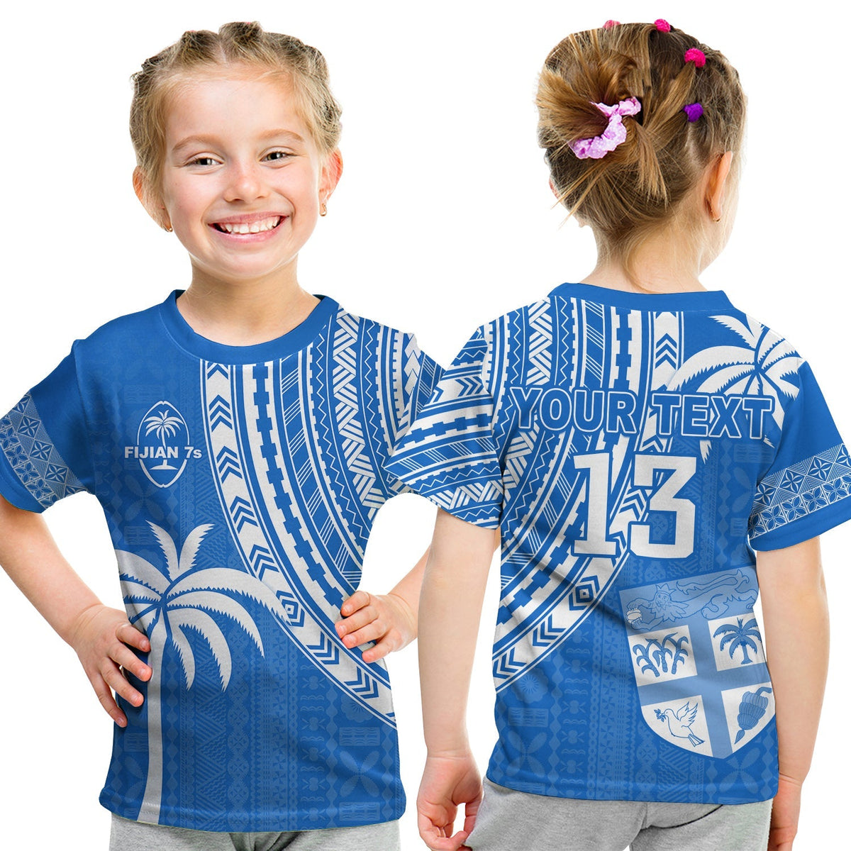 Custom Text and Number Fiji Rugby Sevens T Shirt KID Fijian 7s Tapa Polynesian Blue Ver.01 LT13 - Wonder Print Shop