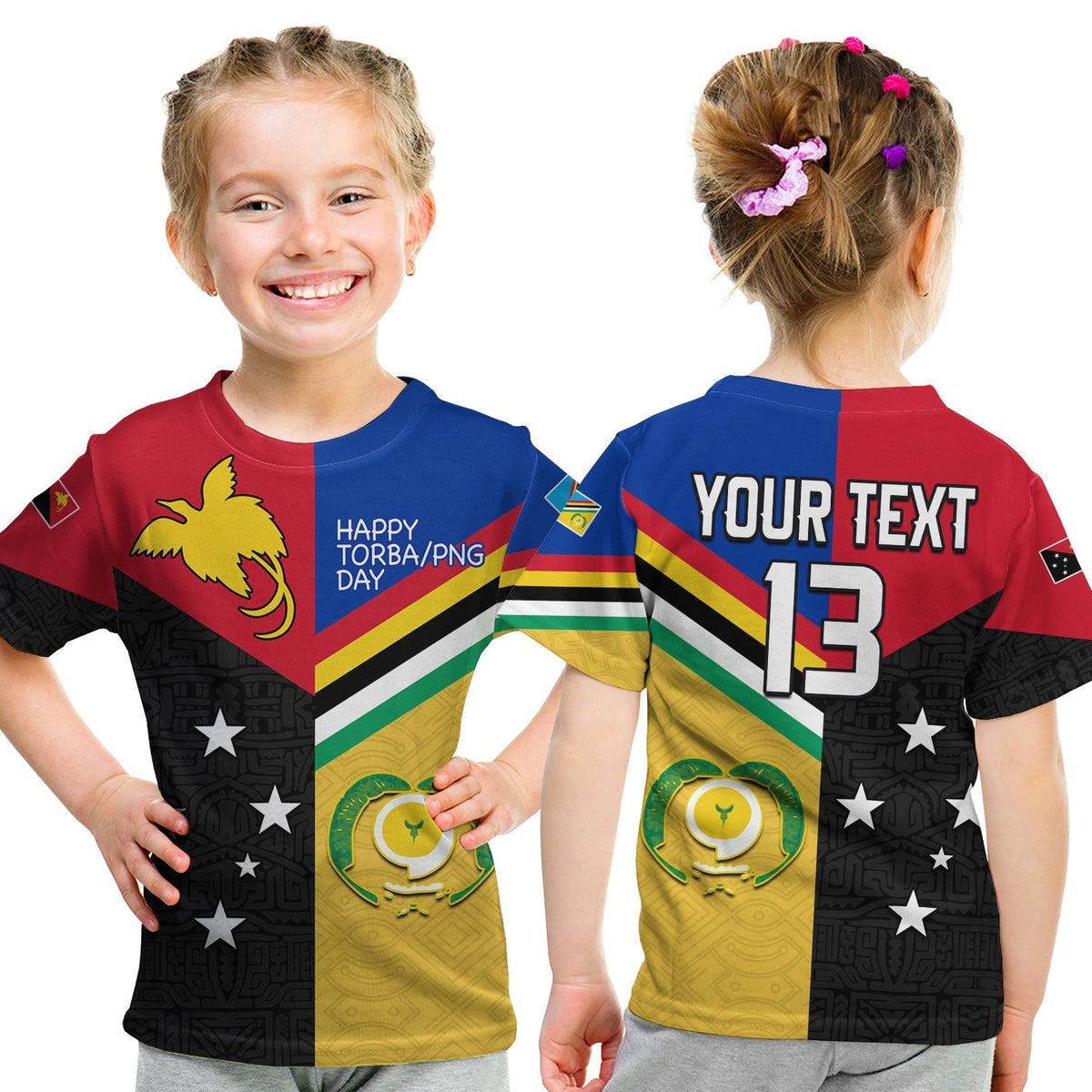 Kids T-shirt with red/blue/yellow/black graphic; front text Happy Torba/PNG Day