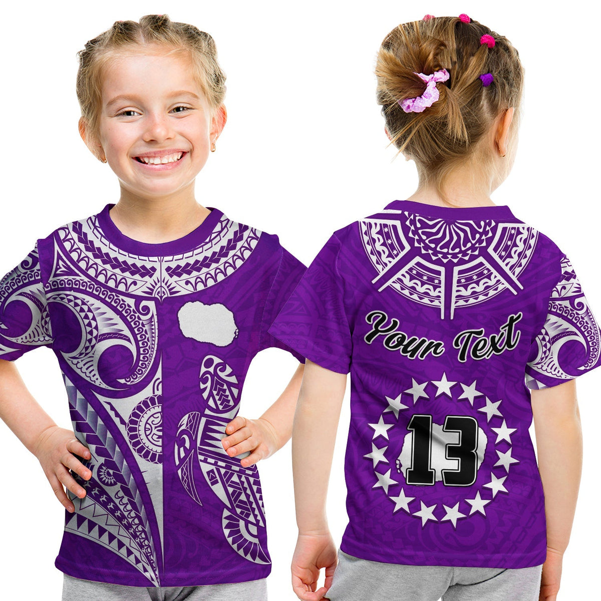 (Custom Text and Number) Rarotonga Cook Islands T Shirt KID Turtle and Map Style Purple LT13 - Wonder Print Shop
