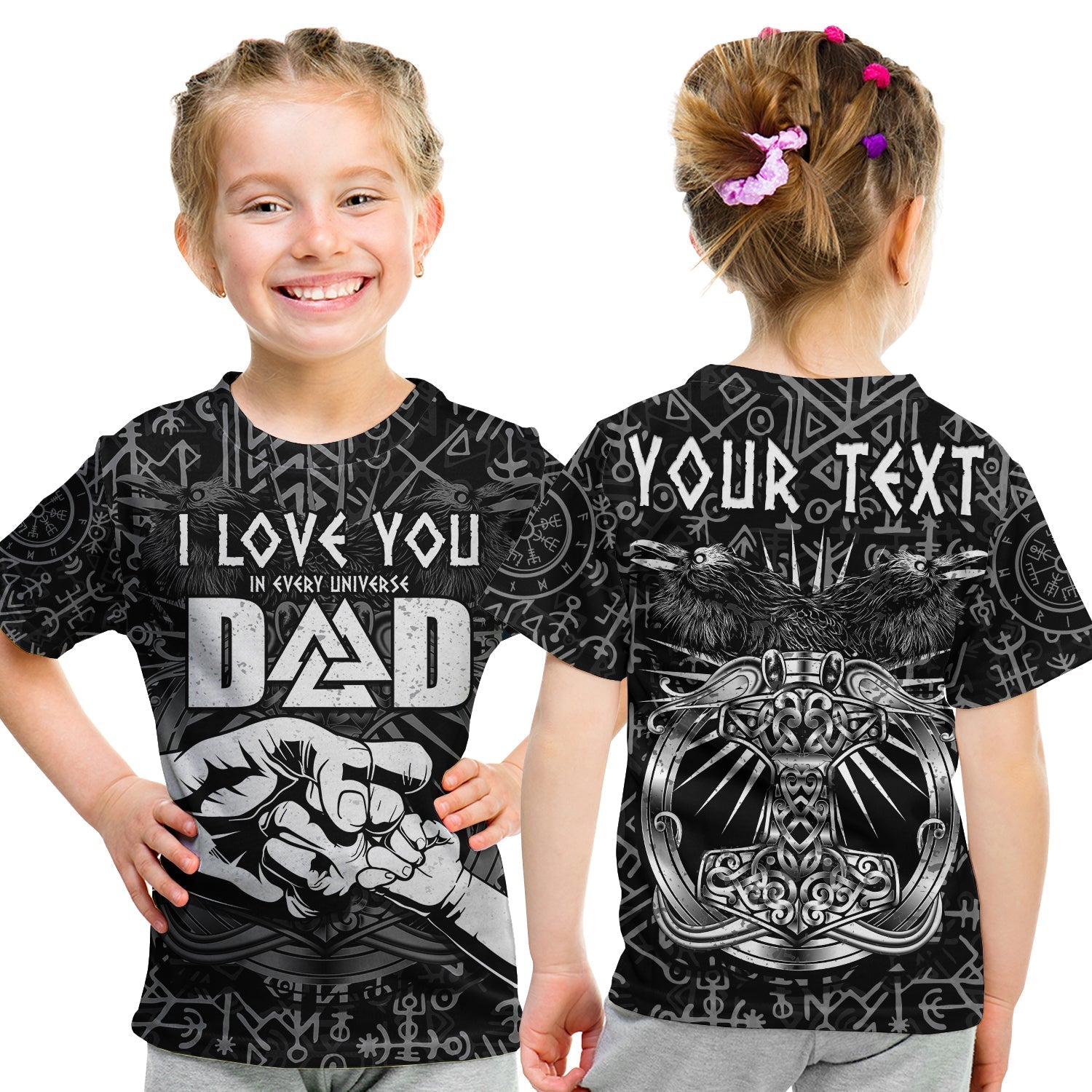 (Custom Personalised) Viking Dad T Shirt KID Happy Fathers Day Style Runes and Mjolnir LT13 - Wonder Print Shop