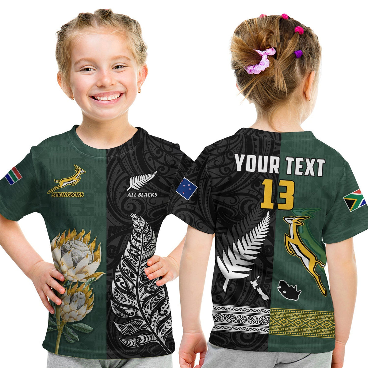 Custom Text and Number South Africa Protea and New Zealand Fern T Shirt KID Rugby Go Springboks vs All Black LT13 - Wonder Print Shop