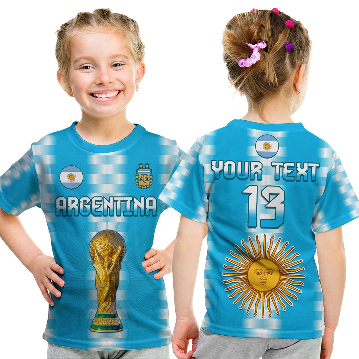 (Custom Text and Number) Argentina Football Champions T Shirt KID La Albiceleste GOAT LT13 - Wonder Print Shop