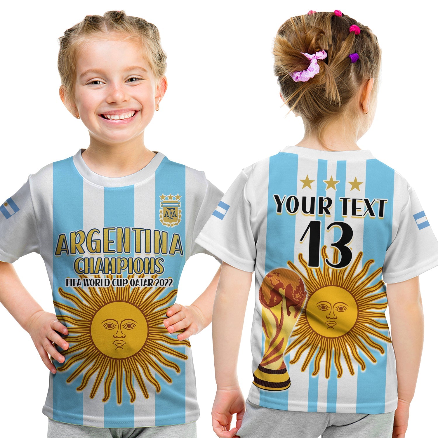 (Custom Text and Number) Argentina Football T Shirt KID FIFA 2022 World Cup Champions LT13 - Wonder Print Shop