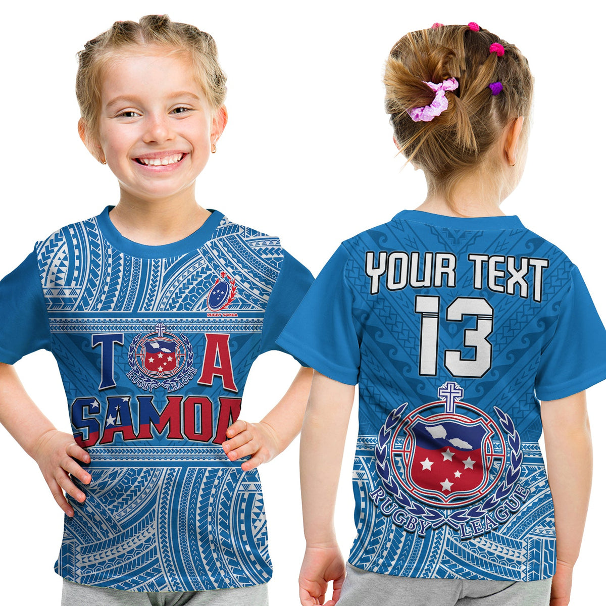 Kids blue Samoan rugby T-shirt, front 'TA SAMOA' and back 'YOUR TEXT 13'