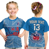 Kids blue Samoan rugby T-shirt, front 'TA SAMOA' and back 'YOUR TEXT 13'