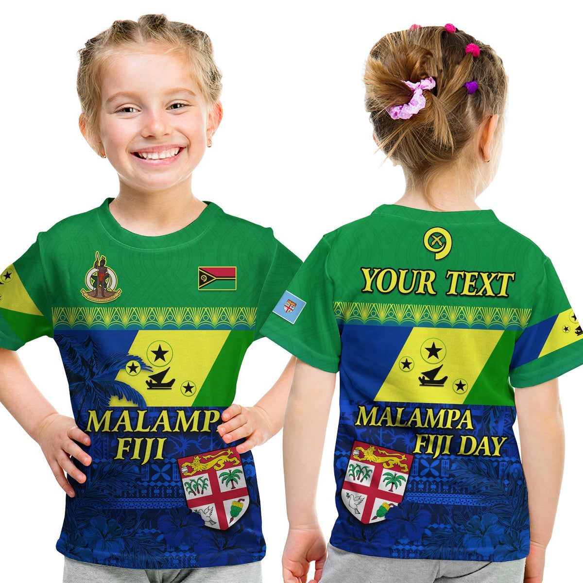 Green kids T-shirt with front graphic: Malampa Fiji, crest, flag patch & floral print